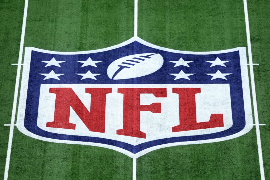 NEW ORLEANS, LOUISIANA - FEBRUARY 09: The NFL logo is seen on the field ahead of Super Bowl LIX between the Kansas City Chiefs and Philadelphia Eagles at Caesars Superdome on February 09, 2025 in New Orleans, Louisiana.