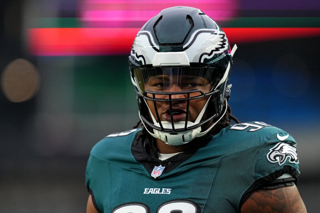 PHILADELPHIA, PENNSYLVANIA - JANUARY 19: Jalen Carter #98 of the Philadelphia Eagles warms up before the game against the Los Angeles Rams during the NFC Divisional Playoff at Lincoln Financial Field on January 19, 2025 in Philadelphia, Pennsylvania.