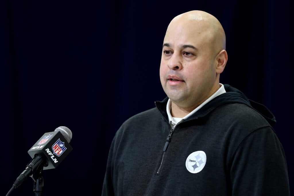 INDIANAPOLIS, INDIANA - FEBRUARY 25: General manager Omar Khan of the Pittsburgh Steelers speaks to the media during the NFL Scouting Combine at the Indiana Convention Center on February 25, 2025 in Indianapolis, Indiana.