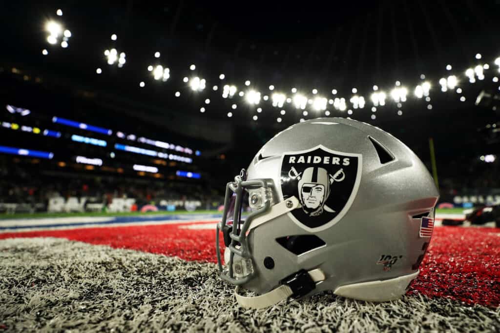 Oakland Raiders helmet is seen on the field after the game between Chicago Bears and Oakland Raiders at Tottenham Hotspur Stadium on October 06, 2019 in London, England.