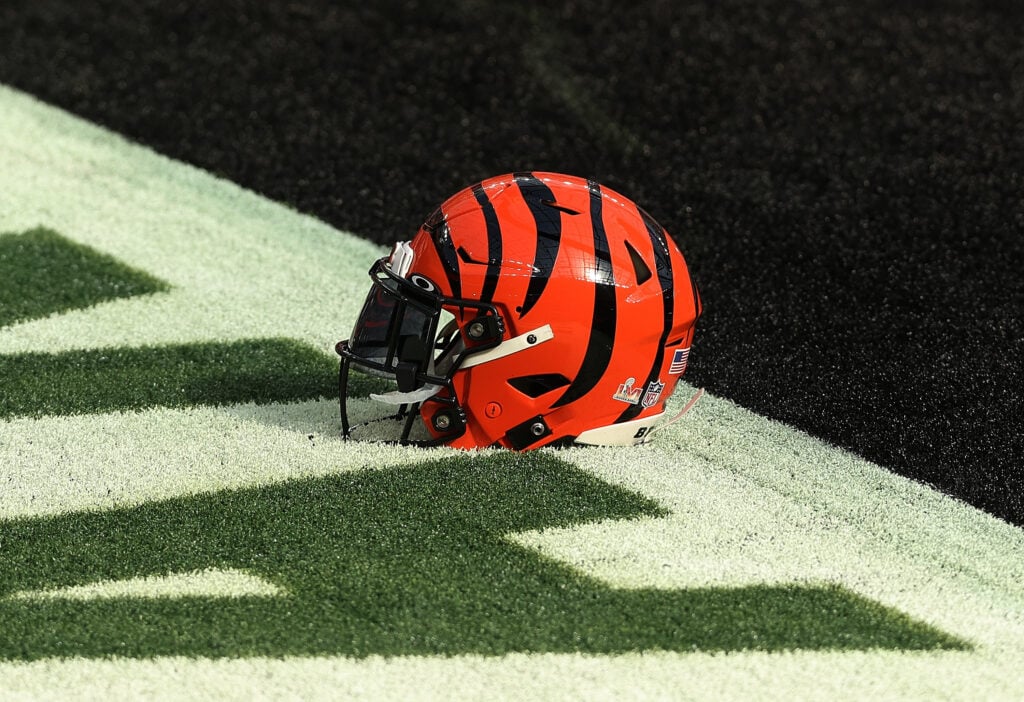 INGLEWOOD, CALIFORNIA - FEBRUARY 13: A Cincinnati Bengals helmet sits on the field before Super Bowl LVI against the Los Angeles Rams at SoFi Stadium on February 13, 2022 in Inglewood, California.
