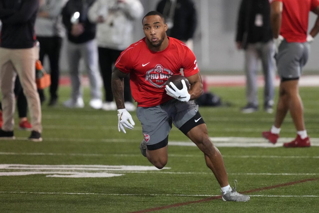 COLUMBUS, OHIO - MARCH 26: TreVeyon Henderson #32 of the Ohio State Buckeyes participates in a drill during during Ohio State Pro Day at Woody Hayes Athletic Center on March 26, 2025 in Columbus, Ohio.